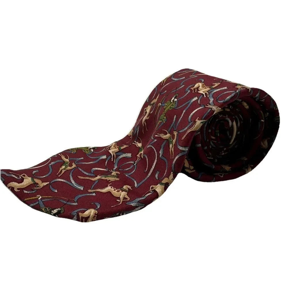 Salvatore Ferragamo Tie Silk Burgundy Animals & Deer Hunters,‎ Dogs , Italy